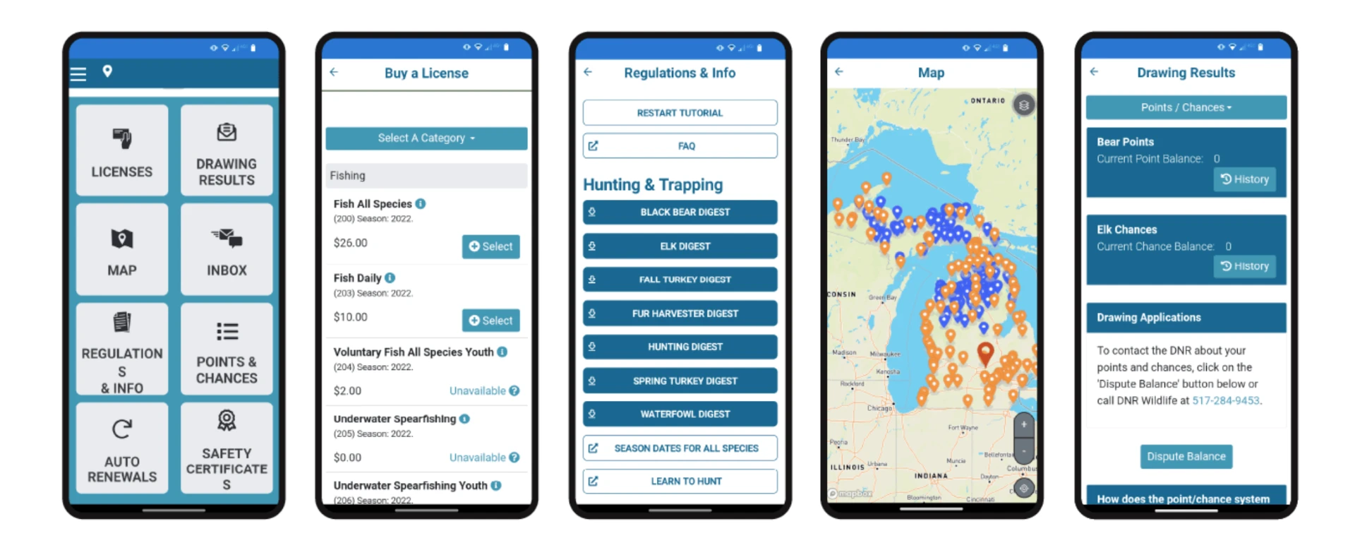 Michigan Hunt Fish mobile app feature screens